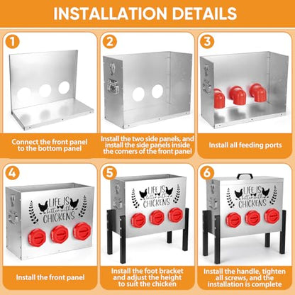 TGEYD 30 lb Chicken Feeder with 6 No-Waste Ports – Heavy-Duty Outdoor Metal Feeder with Adjustable Height, Locking Lid & Riveted Handles – Rustproof Feed Box for Poultry & Backyard Chickens - color: Rose-bengal
