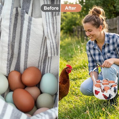 Egg Collecting Basket, Canvas Egg Basket for Gathering with 7 Pouches for Chicken, Duck, Goose, Bird, Various Poultry Collection (Black and white chicken) - style: Black and white chicken