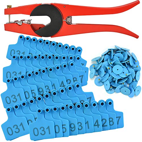 1000 Sets Livestock Identification Numbered Plastic Ear Tags for Calves Cattle Cows Pigs TPU Precision Earring (Blue) with 1 pcs Plier Applicator