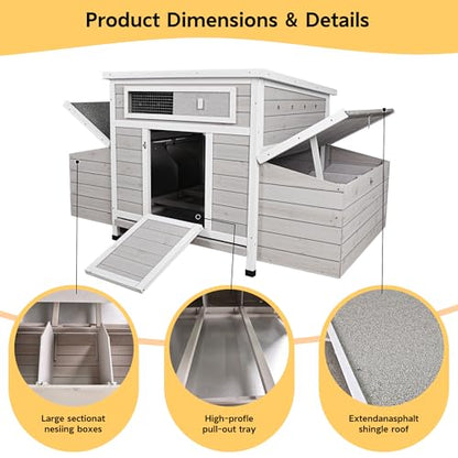 58" Chicken Coop,Outdoor Large Chicken Coop with 6 Nesting Boxes,Weatherproof Poultry Cage,Removable Tray for Farm, Backyard - color: GREY＆WHITE