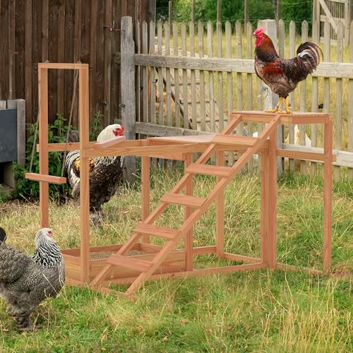 GOJOOASIS Chicken Activity Play Set - Poultry Run with Wood Stand, Ladder, Platforms, Swing, Food Storage, Chicken Toy for Coop, Outdoor Birds Pet Entertainment