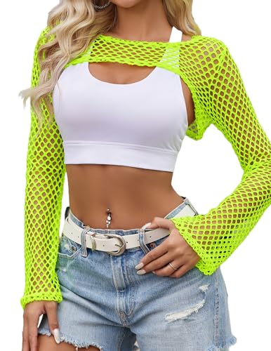Avidlove Fishnet Crop Tops for Women Mesh Long Sleeve Top Bell Sleeves Y2k Tops Sexy Club Outfits XS-XXL - color: Fluorescent Green, size: Medium