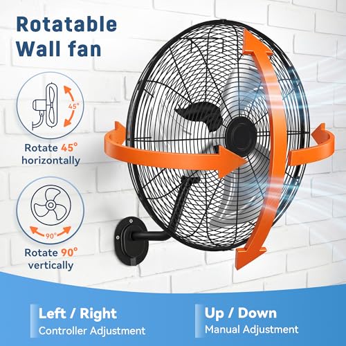 20 Inch Industrial Wall Mount Fan, Heavy Duty High Velocity Oscillating Wall Fan with 3 Speeds, 360° Adjustable Tilt Wall Mounted Fan for Garage, Workshop, Warehouse, Patio, Commercial and Home