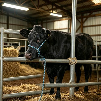 Cattle Rope Halter - 68.9 Inch Heavy Duty 0.394in Thick Polyester Braided Livestock Tactical Gear in Blue White - Flexible Calf Harness and Cow Lead for Farm Fence Tying and Stable Use