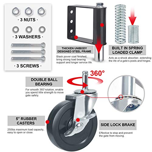 Ronlap Gate Wheels for Wooden Gate, Gate Caster Wheel Spring Loaded for Metal Tube Swing Gate Fence Gate Wheel for Gates Heavy Duty Farm Vinyl Gate Rollers, 250 Lbs, 5 Inches with Brake, 2 Pack, Black - style: 5 Inches With Brake