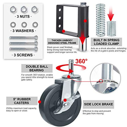Ronlap Gate Wheels for Wooden Gate, Gate Caster Wheel Spring Loaded for Metal Tube Swing Gate Fence Gate Wheel for Gates Heavy Duty Farm Vinyl Gate Rollers, 250 Lbs, 5 Inches with Brake, 2 Pack, Black - style: 5 Inches With Brake