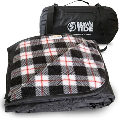 BRAWNTIDE Large Waterproof Outdoor Blanket, Extra Thick Fleece, Warm, Windproof & Sandproof, Quilted Stadium Blanket for Sports Events, Beach, Camping, Picnics, Dogs & Car, 82" x 55 - color: Plaid Black