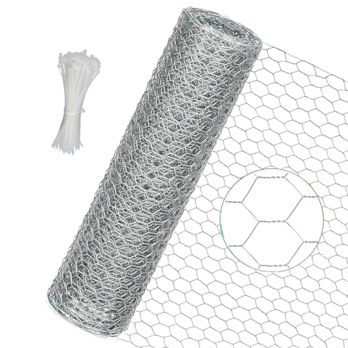 Chicken Wire Fencing, 16 in x 396 in(40cm x 10m) Chicken Wire Mesh Roll, 0.6 in Mesh Poultry Wire Netting, Anti-Rust Hexagonal Galvanized for Chicken Coop Crafts Garden Fence with 100 Zip Ties - size: 16 x 396 Inches-0.6 Inch Mesh