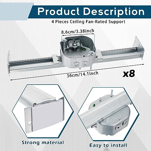 Therwen 8 Pcs Adjustable Fan Electrical Box Brace for Ceiling Fans and Light Fixtures Ceiling Fan Mounting Bracket, 14.2 Inches in Length