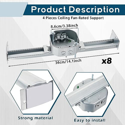 Therwen 8 Pcs Adjustable Fan Electrical Box Brace for Ceiling Fans and Light Fixtures Ceiling Fan Mounting Bracket, 14.2 Inches in Length