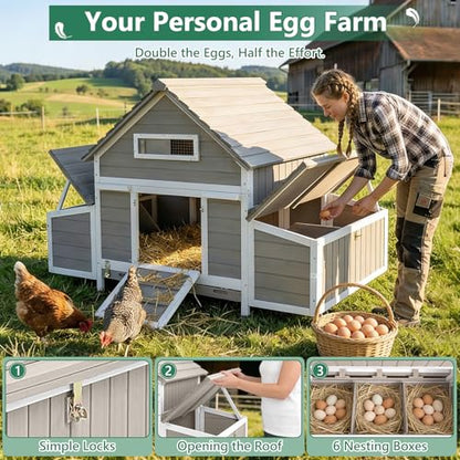 Large Chicken Coop Chicken House Outdoor with 6 Nesting Boxes & Pull-Out Tray for 4-6 Chickens, Wooden Backyard Hen House Poultry Cage with Weatherproof Openable Roof, 3 Perches, Expandable Run - color: 61"L x 33.5"W Grey
