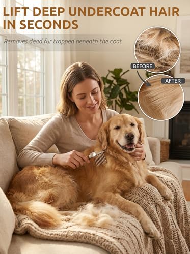 TAKAVU Dematting Comb for Dogs and Cats with Long Hair - 9-Blade Undercoat Rake for Removing Mats, Tangles and Knots - Deshedding Grooming Tool for Doodles and Double-Coated Pets