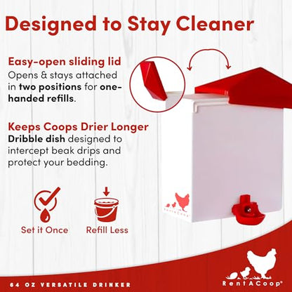 RentACoop 64oz (2 Liter) Chicken Drinker with 2 Versatile Nipples - Ideal for Baby Chicks, Quail, Small Birds, and Ducklings - Easy-to-Use Chicken Waterer Solution - Ideal for Coops and Cages
