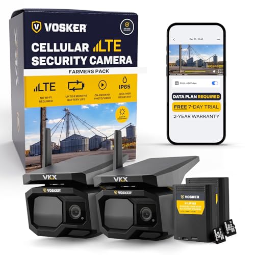 Vosker VKX Farmers Pack Solar 4G LTE Security Camera, Wireless Outdoor Surveillance for Farms, Sheds, Rural Properties, No Wi-Fi Needed, SIM Card Included Night Vision, IP65 Weather-Resistant (2 Pack)
