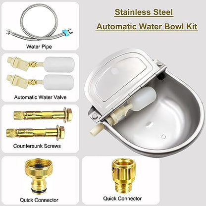 Automatic Animal Water Bowl with Float Valve, 304 Stainless Steel Livestock Water Dispenser for Dog Horse Goat Pig Cow Livestock Water Bowl Kit Includes Bowl, Pipe, 2 Valves, Quick Connector Adapter - size: Automatic Stainless Steel Waterer
