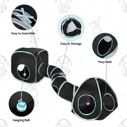 YUEPET Rabbit Tunnel and Cube Collapsible Tent Bunny Interactive Crinkle Tunnel Toys Small Animal Hideout with Play Ball for Dwarf Rabbit Bunny Guinea Pig (Blue Black) - color: Black Blue