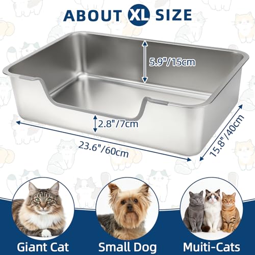 FHTONGE Low Entry Stainless Steel Cat Litter Box, Splash-Proof High Wall Metal Kitty Litter Box Kitten Toilet for Senior Arthritis Surgery Injured Disabled Munchkin Small Pregnant Cat, 23.6x15.8 - size: 23.6x15.8"(60x40cm) for Giant Cat