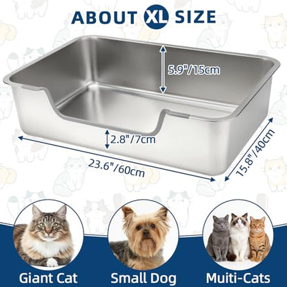 FHTONGE Low Entry Stainless Steel Cat Litter Box, Splash-Proof High Wall Metal Kitty Litter Box Kitten Toilet for Senior Arthritis Surgery Injured Disabled Munchkin Small Pregnant Cat, 23.6x15.8 - size: 23.6x15.8"(60x40cm) for Giant Cat