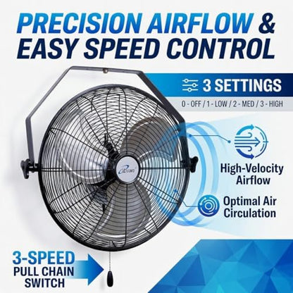 iLiving 20 Inch Wall Mount Fan, 4750 CFM High Velocity Metal Fan with 3 Speeds, Sealed Motor & 360° Tilt, Heavy Duty Wall/Ceiling Mount Fan for Garage, Warehouse, Barn, Greenhouse, Workshop - size: 20 Inches
