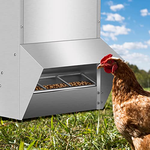 Galvanized Chicken Feeder No Waste, 30LBS Poultry Feeders Silver, Rat Proof Hanging Chicken Feeder with Lid, Weatherproof Outdoor Coop Food Dispenser