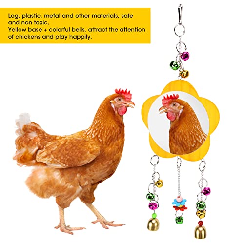 Chicken Mirror Toy, Hanging Wood Poultry Mirror with Colorful Bells, Interactive Pet Chicken and Bird Enrichment Toy