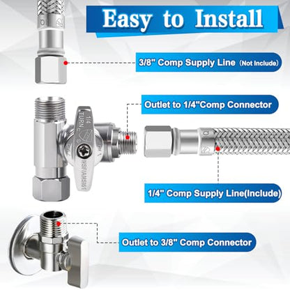 Stainless Steel Refrigerator Water Line Kit - 10ft Braided 1/4" Fitting with Brass Tee Stop Valve, Wrench, Sealing Tape for Ice Maker Water System