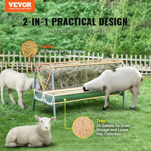 VEVOR 2 in 1 Livestock Hay Feeder, 80-Gallon Capacity, 59" Long Goat Hay Feeder with Deeper Feeding Pan, Heavy Duty Steel for Sheep Farms Sheds
