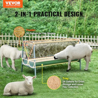VEVOR 2 in 1 Livestock Hay Feeder, 80-Gallon Capacity, 59" Long Goat Hay Feeder with Deeper Feeding Pan, Heavy Duty Steel for Sheep Farms Sheds