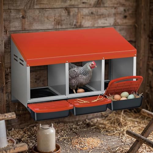 Metal Chicken Nesting Box - Heavy Duty Roll Away Nesting Boxes for Chickens Coop with Easy-Collect Tray & Lid, 3 Hole Galvanized Steel Egg Laying Boxes for Hens Ducks, Wall Mount or Freestanding - color: Orange, size: 3 Holes