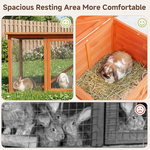 Large Outdoor Indoor Rabbit Hutch Wooden Bunny Rabbit Cage 2-Story with Run No-Leak Pull-Out Tray Waterproof Asphalt Roof Ramp for Guinea Pig Small Animal Wood Pet House Home Orange