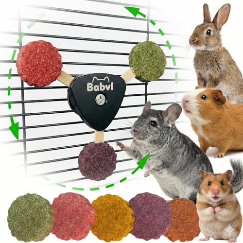 Hay Spinner Chew Toy with Treats,4Flavor Hay Cakes,Pet Dental Health Toys Cage Hanging Toy for Rabbits, Guinea Pigs,Chinchillas (Black)