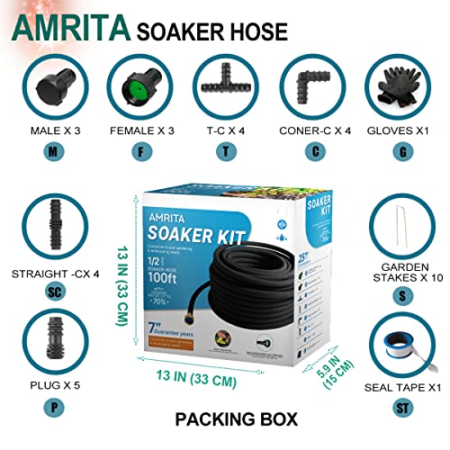 AMRITA Soaker Hose KIT,1/2inch 100ft Rubber Garden Hose 70% Water Saving,Black Heavy Duty Soaker Hose For Garden Lawn,Garden Raised Beds.(1/2-100FT) - color: 1/2"×(100FT)