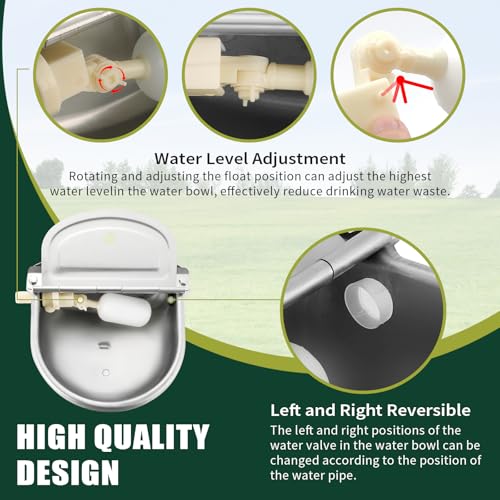 Automatic Animal Drinking Water Bowl, 304 Stainless Steel Livestock Waterer with Float Valves, 39" Pipe Hose, 1/2" to 3/4" Adapter, Water Trough for Dog, Horse, Goat, Pig, Cow