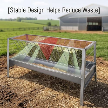 Heavy Duty 2 in 1 Hay Feeder, 59 Inch Weather Resistant Galvanized Steel Feeding Trough, Detachable Deep Pan Hay Grain Feeder, Easy to Assemble Outdoor Farm Feeder for Goats Sheep Calves