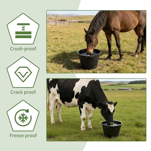 2 Pack Heavy Rubber Horse Feed Bucket,10 Quart Large Utility Feed Pan with Handle , 11.4 X 8.6 inch Horse Trough Heavy Duty Feeder Trough for Livestock Goats Animals Durable Pan Bowl Black