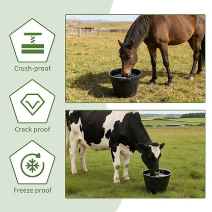 2 Pack Heavy Rubber Horse Feed Bucket,10 Quart Large Utility Feed Pan with Handle , 11.4 X 8.6 inch Horse Trough Heavy Duty Feeder Trough for Livestock Goats Animals Durable Pan Bowl Black