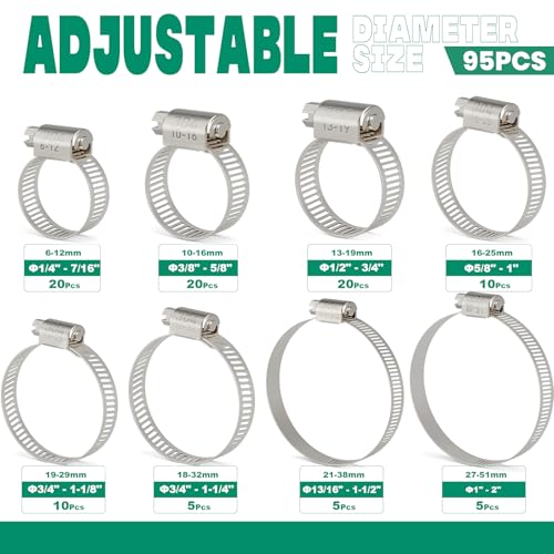OURU 95PCS Hose Clamps Stainless Steel Assortment Adjustable 1/4"-2"(6-51mm) Worm Gear Hose Clamp, Heavy Duty Metal Small Hose Clamps for Automotive, Pipe, Radiator Plumbing, Fuel Line - size: 95PCS KIT-HOSE CLAMP(1/4"-2")