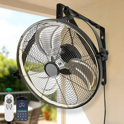 AHAWILL 20 Inch Wall Mount Fan with Lights,6-Speed High Velocity Wall Fan Dimmable Gazebo Fan,360°Adjustable Tilt Industrial Outdoor Fans for Patio,Garage,Workshop,Commercial,Black - size: 20 inch