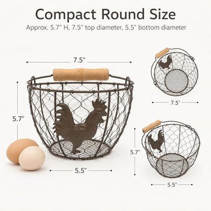 3 Pack 8 Inch Egg Basket for Gathering Fresh Eggs, Farmhouse Wire Holder with Wood Handle, Rustic Metal Round Countertop Storage with Rooster Pattern for Chicken Coop, Kitchen and Pantry