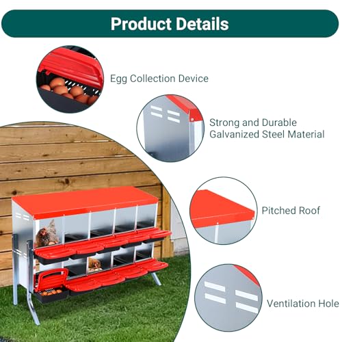 Garvee Chicken Nesting Boxes, 10 Hole Metal Chicken Laying Box with Removable Trays and Roll Out Egg Collection for Chicken Coop, with Metal Legs, Red - color: red, size: 10 Holes with Legs