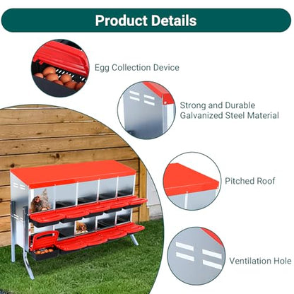 Garvee Chicken Nesting Boxes, 10 Hole Metal Chicken Laying Box with Removable Trays and Roll Out Egg Collection for Chicken Coop, with Metal Legs, Red - color: red, size: 10 Holes with Legs