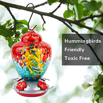 REZIPO Hummingbird Feeder with Perch - Hand Blown Glass - 38 Fluid Ounces Hummingbird Nectar Capacity Include Hanging Wires and Moat Hook (Half Red) - color: Half Red