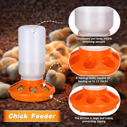 Chick Feeder and Waterer Kit, 2-in-1 Chick Starter Set, 0.3Gal Chicken Feeder and Waterer Set, Baby Chick Starter Kit for Poultry (Orange, 1L) - color: Orange
