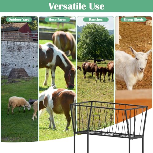ETELI 38 Gallon Hay Feeder for Goats, Horses, Alpacas, Heavy Duty Hay Rack with Adjustable Feet Floor Livestock Feeder for Outdoor Yards, Ranch, Farm, Black