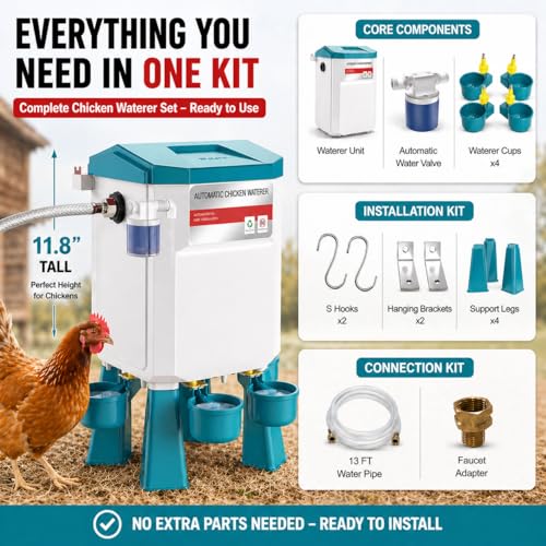 Automatic Chicken Waterer 2 Gallons, Chicken Water Feeder with Float Valve & 4 Water Cups, 13FT Hose Poultry Waterer System, Chicken Coop Water Dispenser for Chickens Ducks Quail Turkey (Blue, 2 GAL) - color: Blue