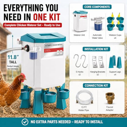 Automatic Chicken Waterer 2 Gallons, Chicken Water Feeder with Float Valve & 4 Water Cups, 13FT Hose Poultry Waterer System, Chicken Coop Water Dispenser for Chickens Ducks Quail Turkey (Blue, 2 GAL) - color: Blue