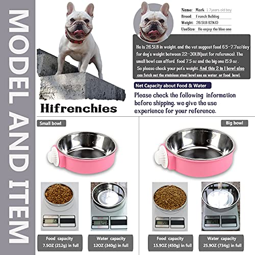 Crate Dog Bowl, Removable Stainless Steel Dog Water Food Feeder Bowls, Cage Cup Bowl for Frenchie Small Middle Dog and cat, Rats,Rabbit - color: Pink, size: Large
