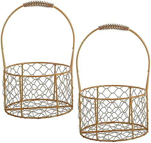 BestAlice 2 Pack Metal Wedding Basket with Handle, Portable Flower Basket, Rustic Flower Girl Basket, Gold Decorated Basket, Geometric Flower Girl Basket Gift Basket for Wedding Home Decor, Round