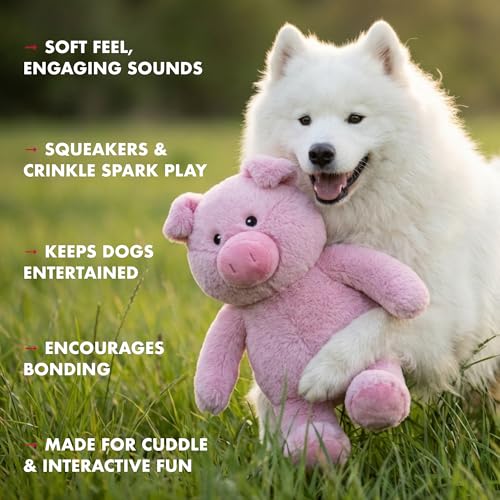 Petlou Plush Toys with Durable Squeaker and Crinkle Paper Dog Chew Toy in Colossal Size and Multi-Color (Pink Cute, 15 Inch Cut Pig)