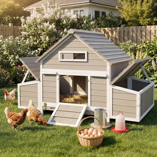 Large Chicken Coop for 6-8 Chickens with 6 Nesting Boxes, Wooden Outdoor Hen House with 9 Access Doors, Backyard Chicken Coop with Run, 5 Perches & Swing, Pull-Out Tray, Weatherproof Openable Roof - size: 118.3"L x 61.0"W x 40.0"H